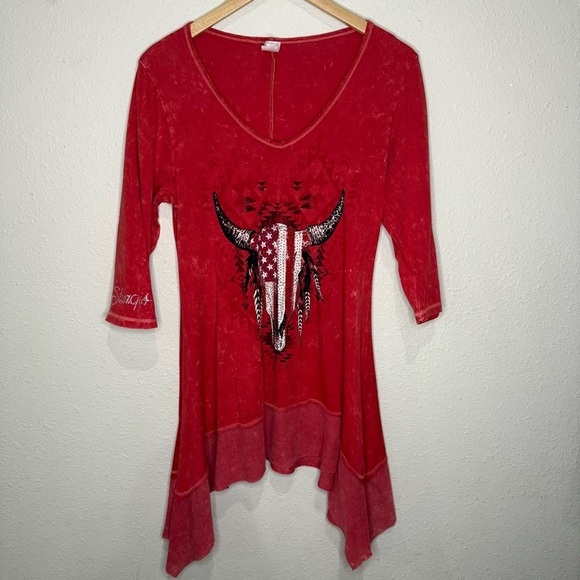 Liberty Wear Tunic Embellished Steer USA Sturgis Red Asymmetrical Women’s Size L - Picture 1 of 13
